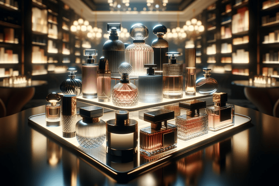Escaparate de perfumes para factura visual de perfumería